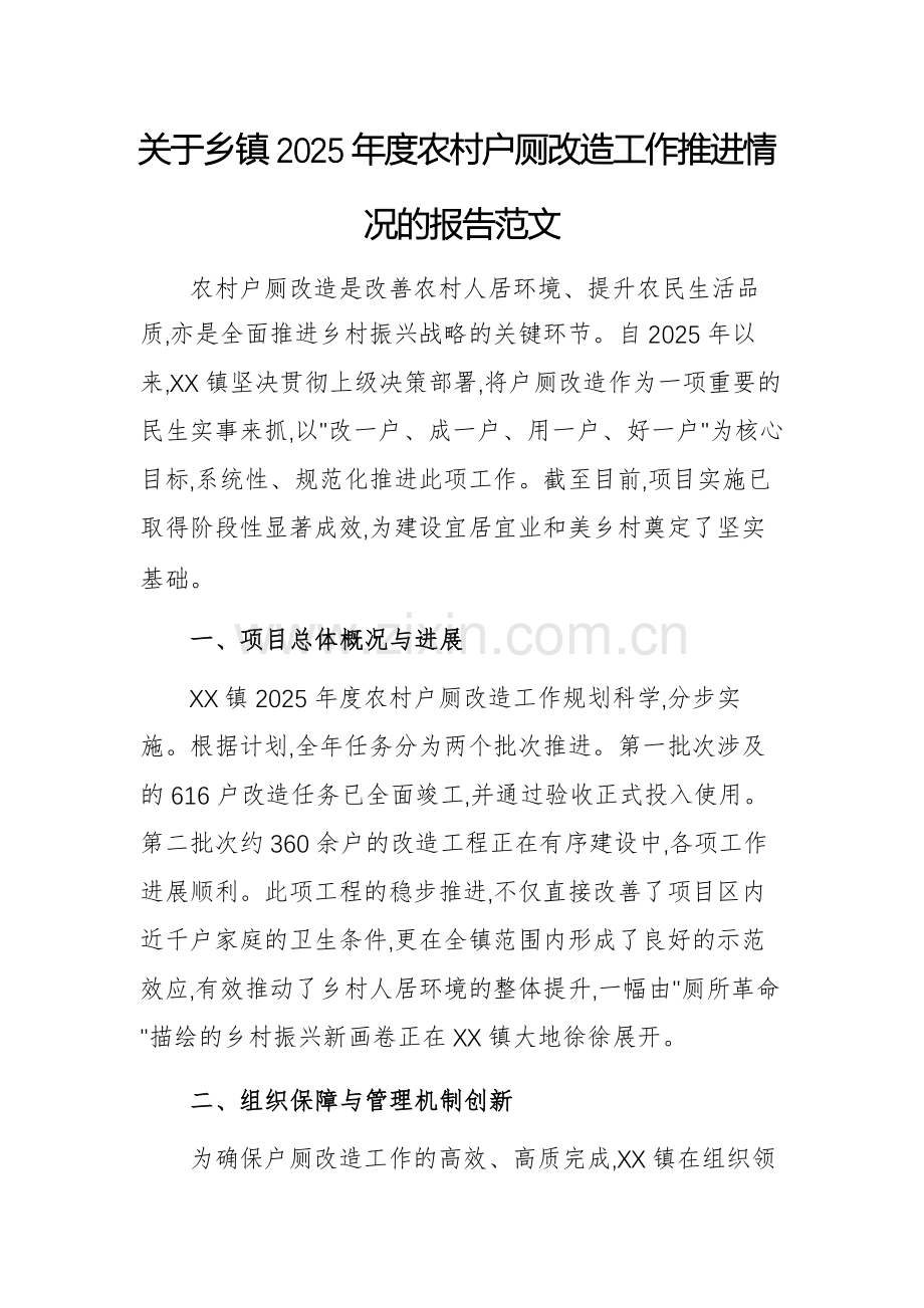 关于乡2025年度农村户厕改造工作推进情况的报告范文.docx_第1页