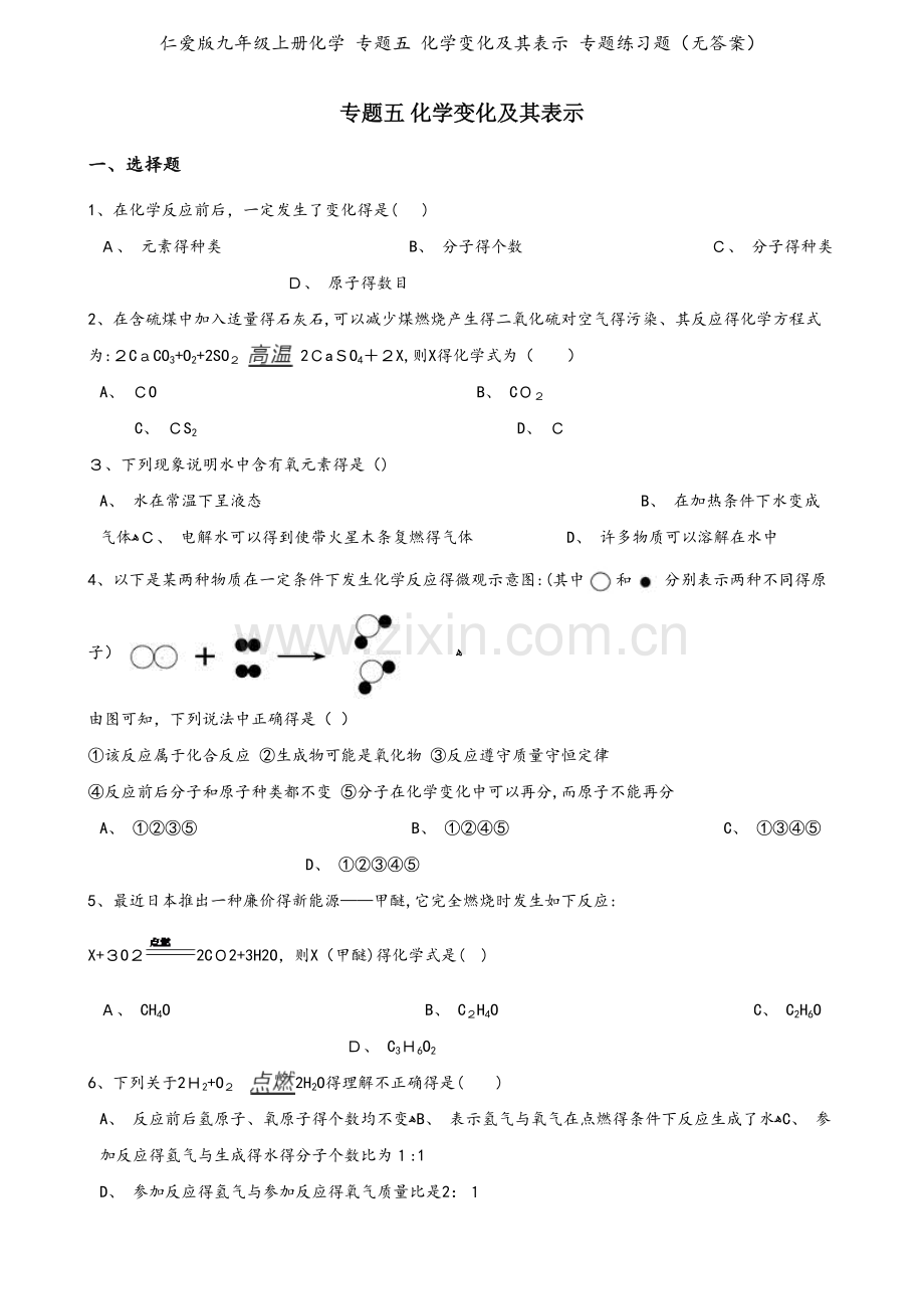 仁爱版九年级上册化学 专题五 化学变化及其表示 专题练习题（无答案）.doc_第1页