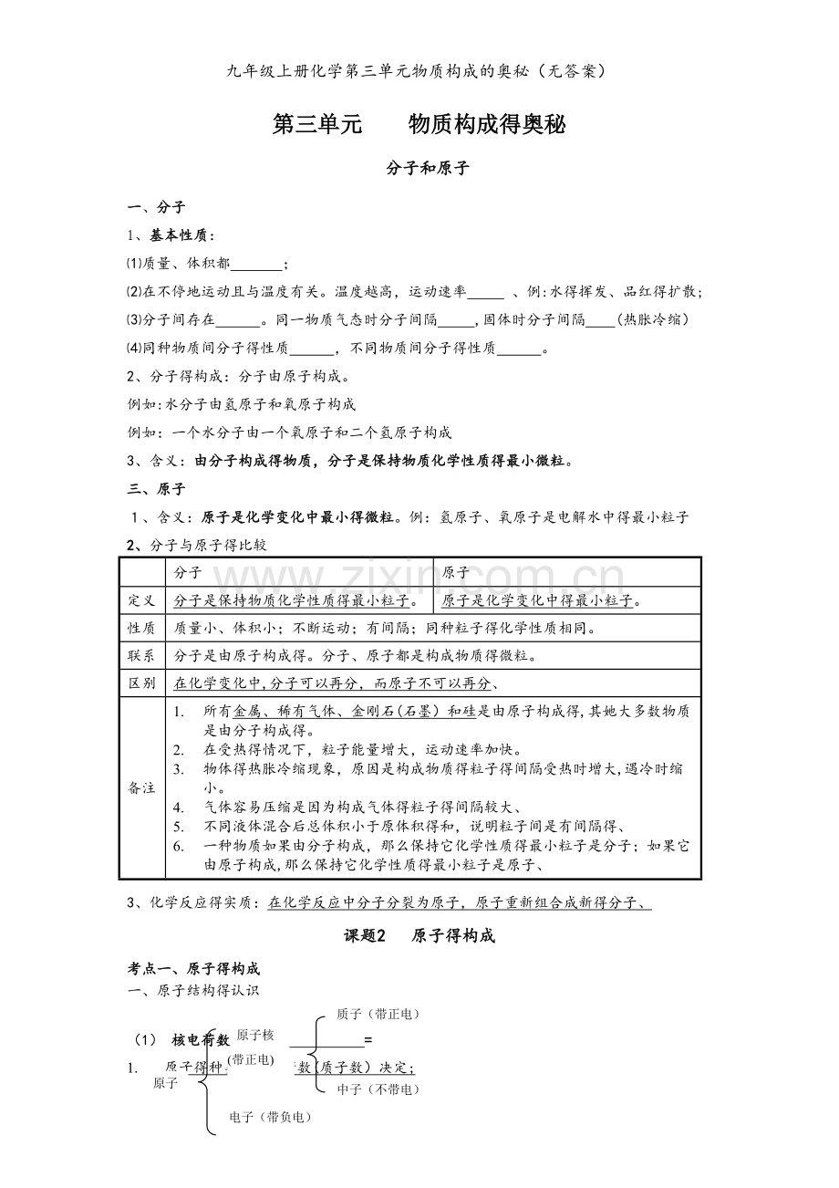 九年级上册化学第三单元物质构成的奥秘（无答案）.doc_第1页
