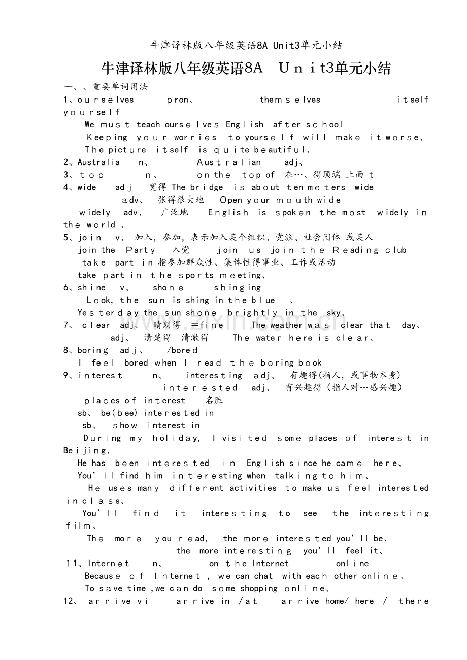 牛津译林版八年级英语8A Unit3单元小结.doc_第1页