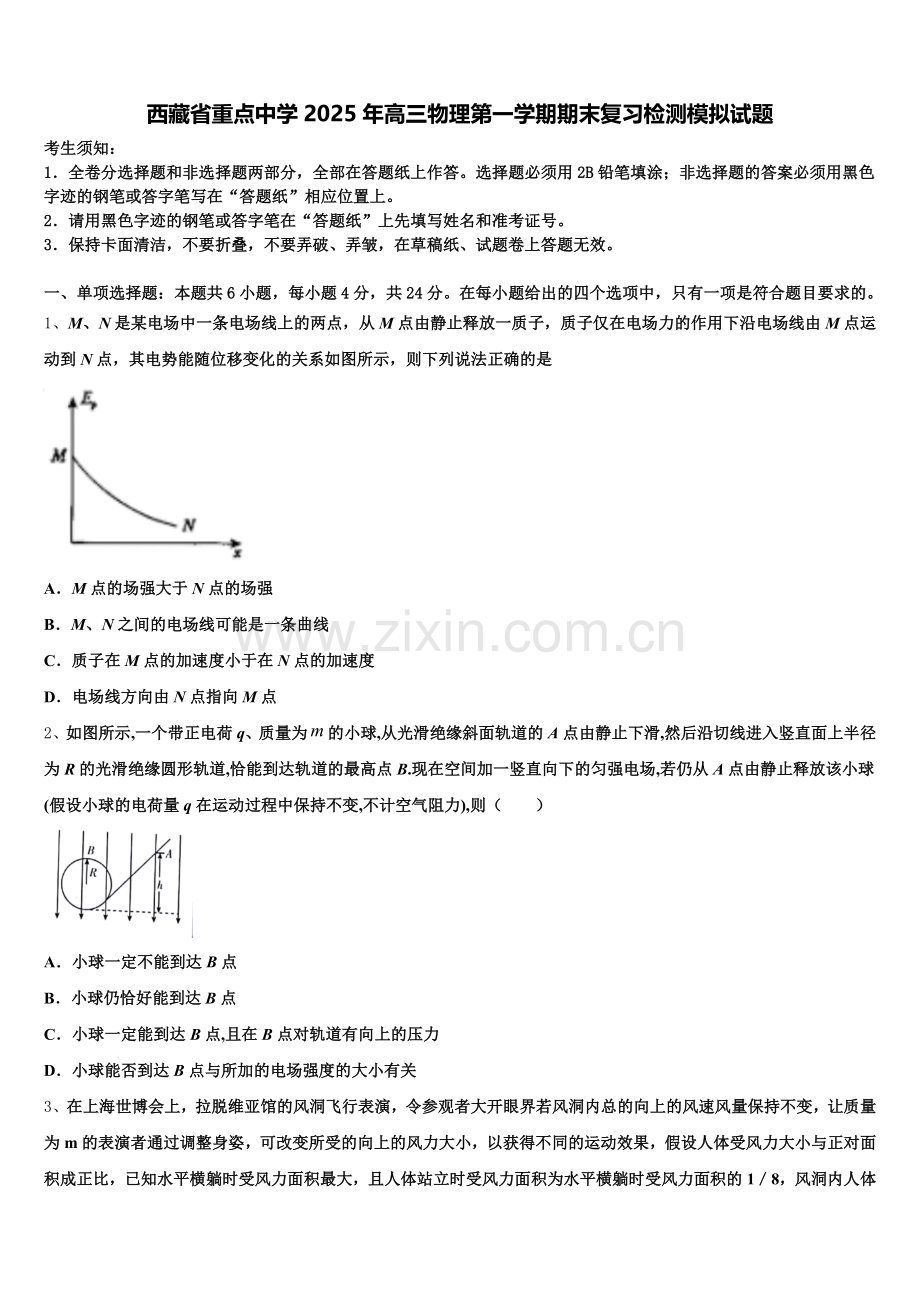 西藏省重点中学2025年高三物理第一学期期末复习检测模拟试题.doc_第1页