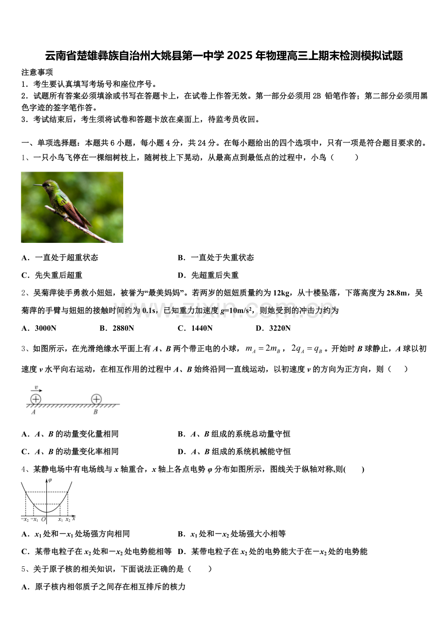 云南省楚雄彝族自治州大姚县第一中学2025年物理高三上期末检测模拟试题.doc_第1页