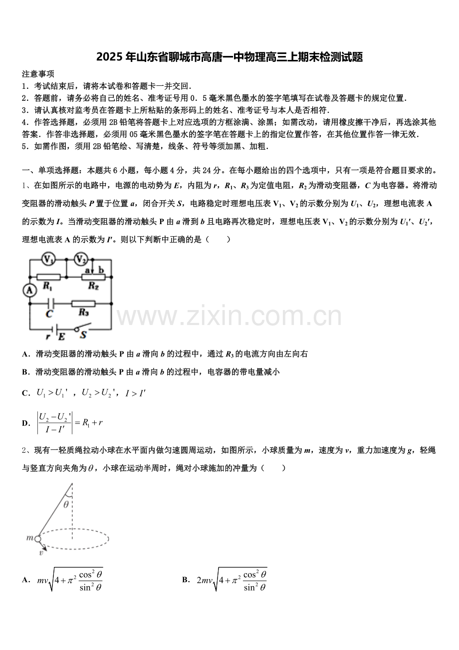 2025年山东省聊城市高唐一中物理高三上期末检测试题.doc_第1页