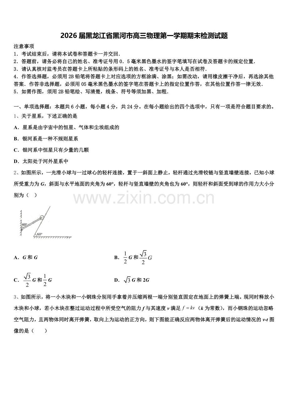 2026届黑龙江省黑河市高三物理第一学期期末检测试题.doc_第1页