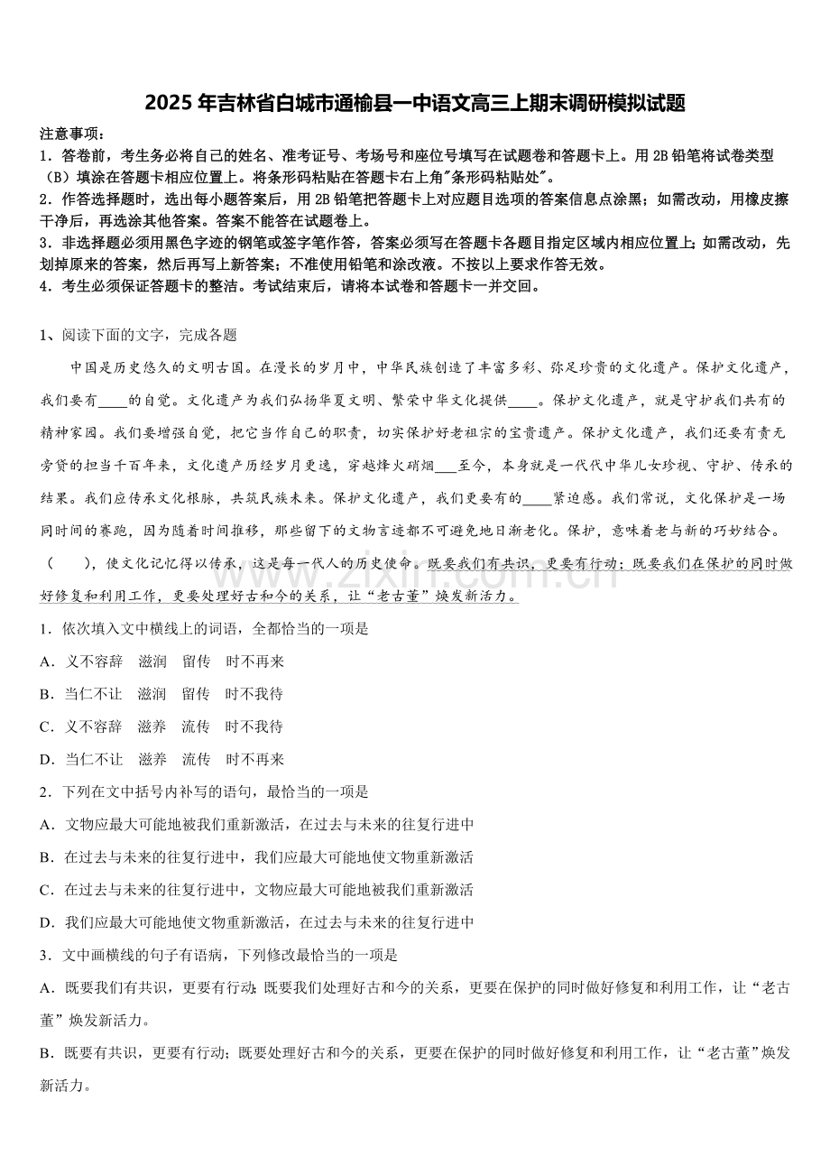 2025年吉林省白城市通榆县一中语文高三上期末调研模拟试题.doc_第1页