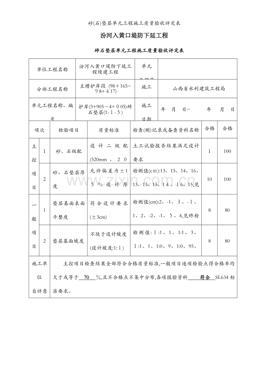 砂(石)垫层单元工程施工质量验收评定表.docx_第1页