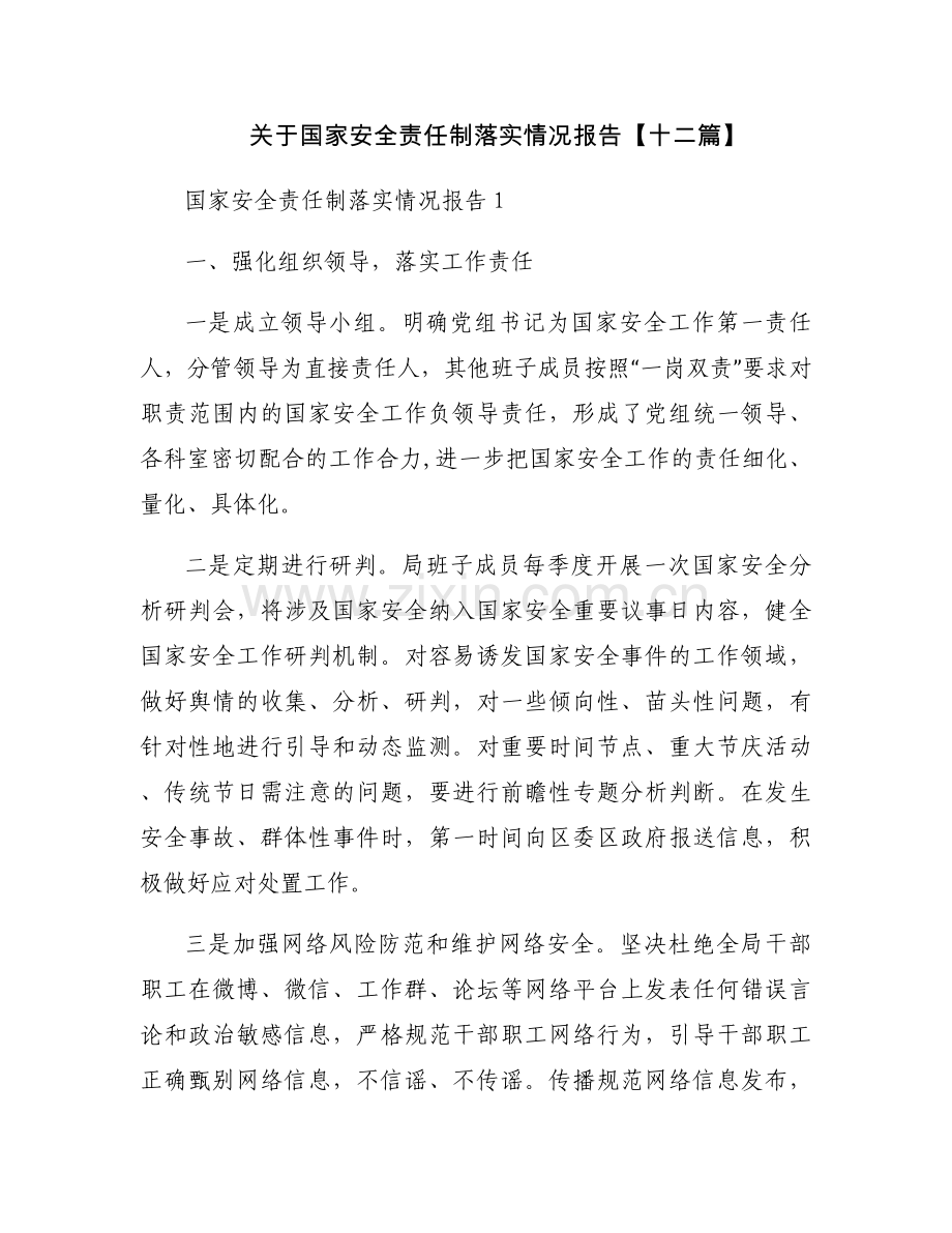 关于国家安全责任制落实情况报告【十二篇】.docx_第1页