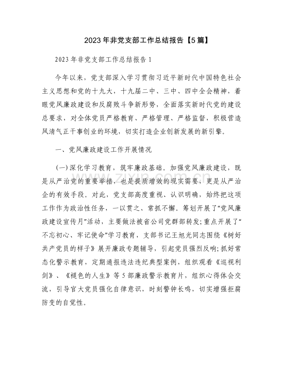 2023年非党支部工作总结报告【5篇】.docx_第1页