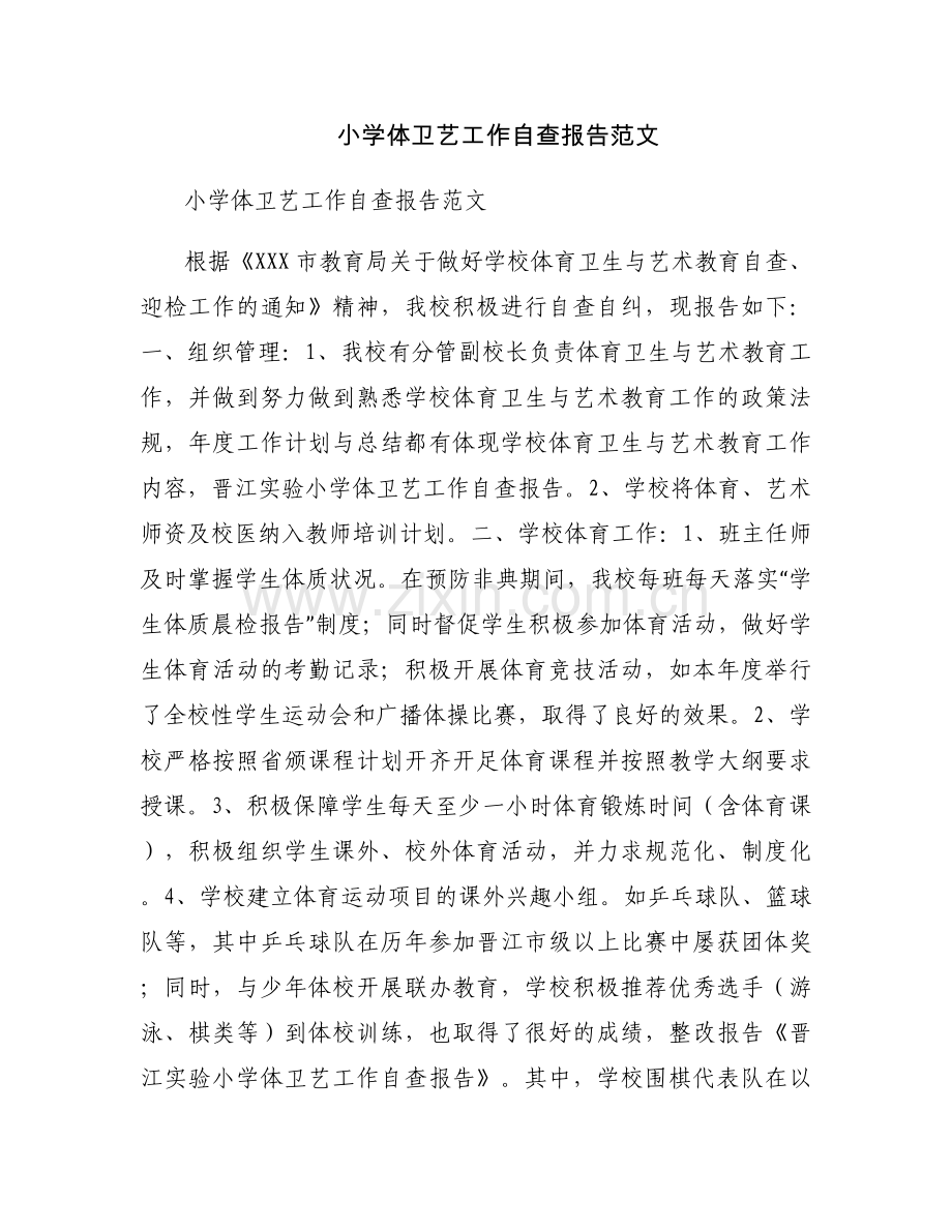 小学体卫艺工作自查报告范文.docx_第1页