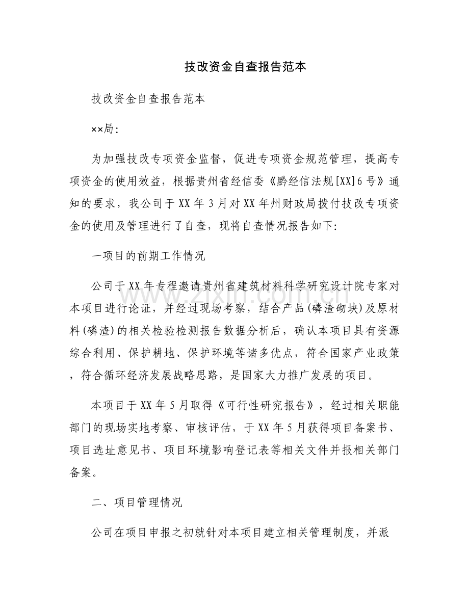 技改资金自查报告范本.docx_第1页