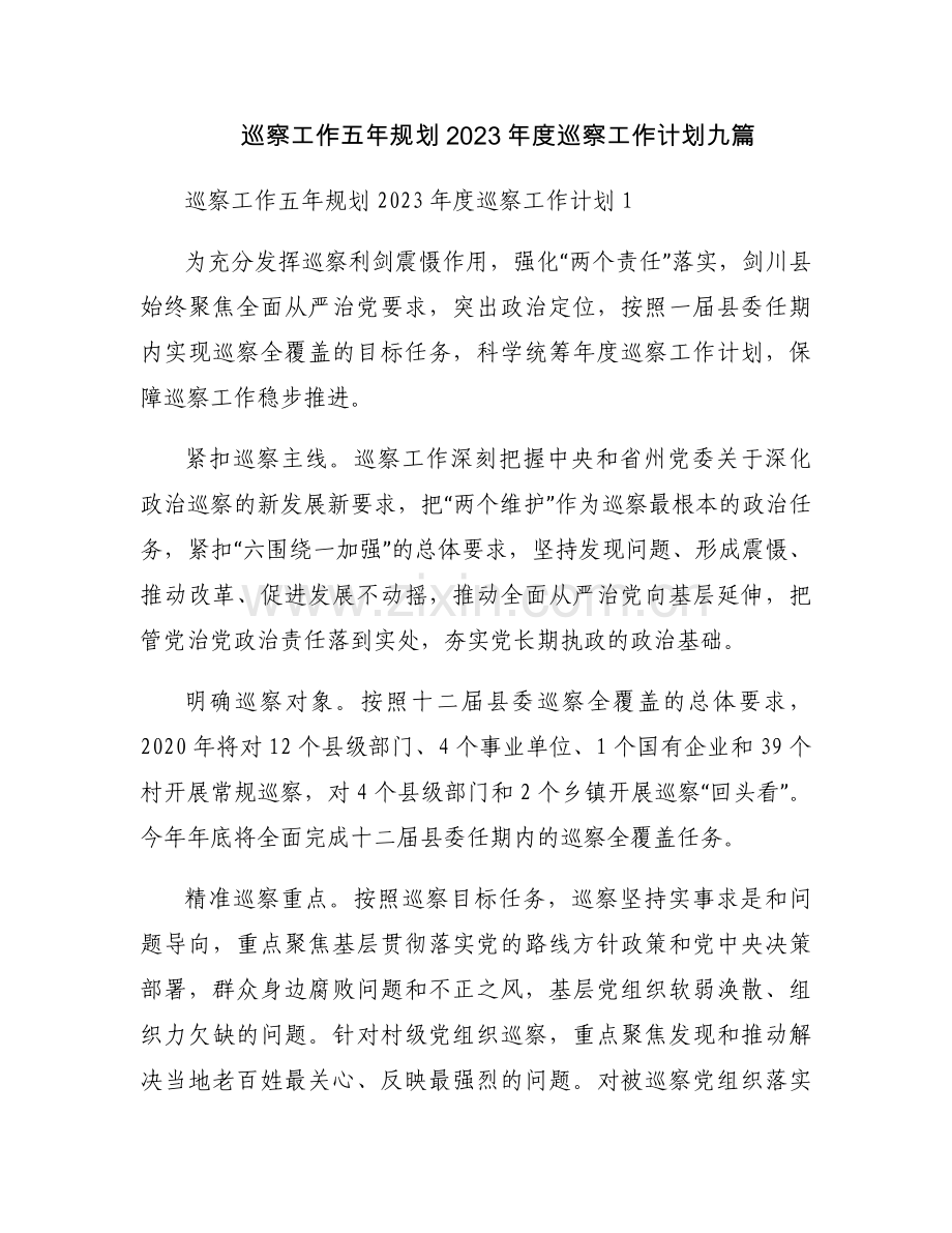 巡察工作五年规划2023年度巡察工作计划九篇.docx_第1页
