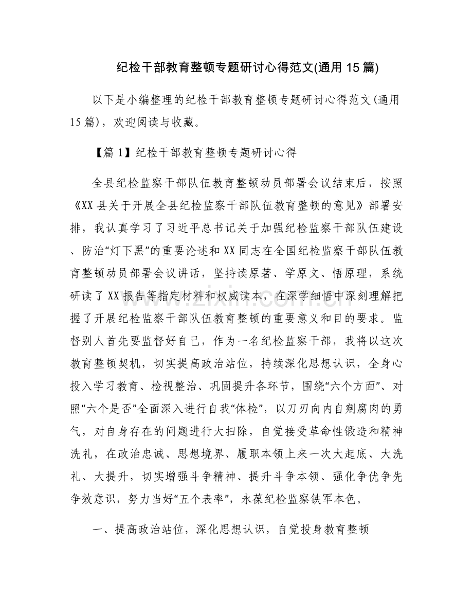 纪检干部教育整顿专题研讨心得范文(通用15篇).docx_第1页