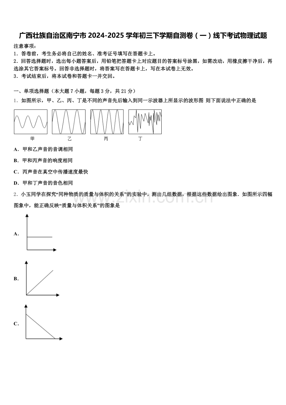 广西壮族自治区南宁市2024-2025学年初三下学期自测卷（一）线下考试物理试题含解析.doc_第1页