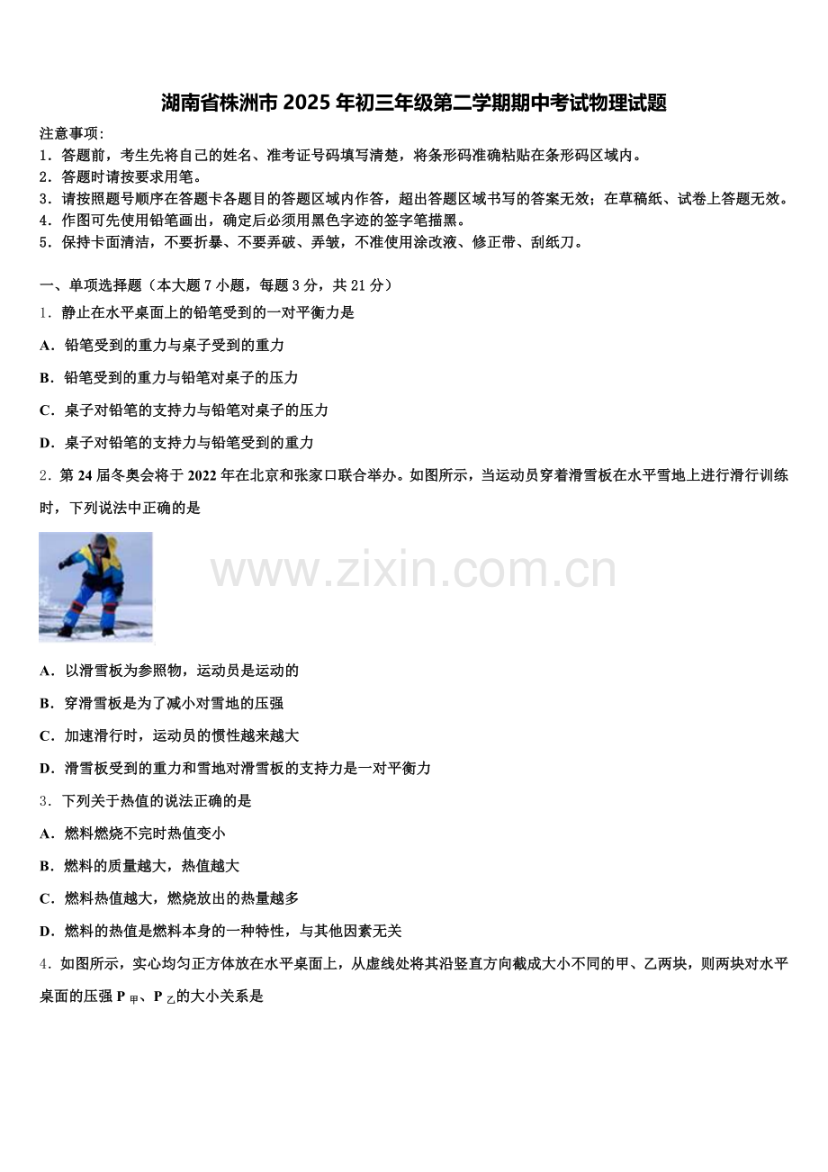 湖南省株洲市2025年初三年级第二学期期中考试物理试题含解析.doc_第1页
