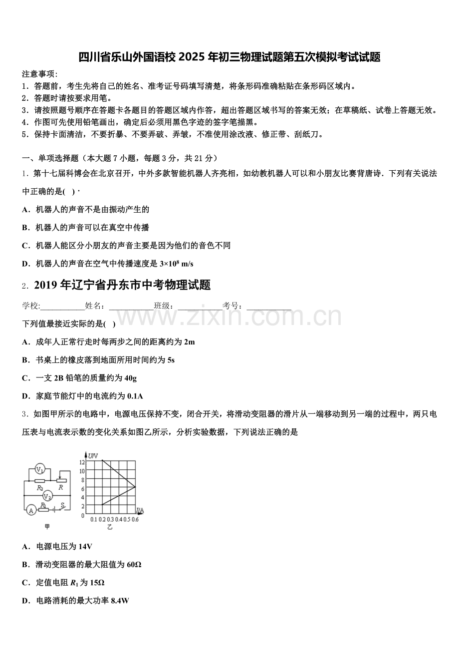 四川省乐山外国语校2025年初三物理试题第五次模拟考试试题含解析.doc_第1页