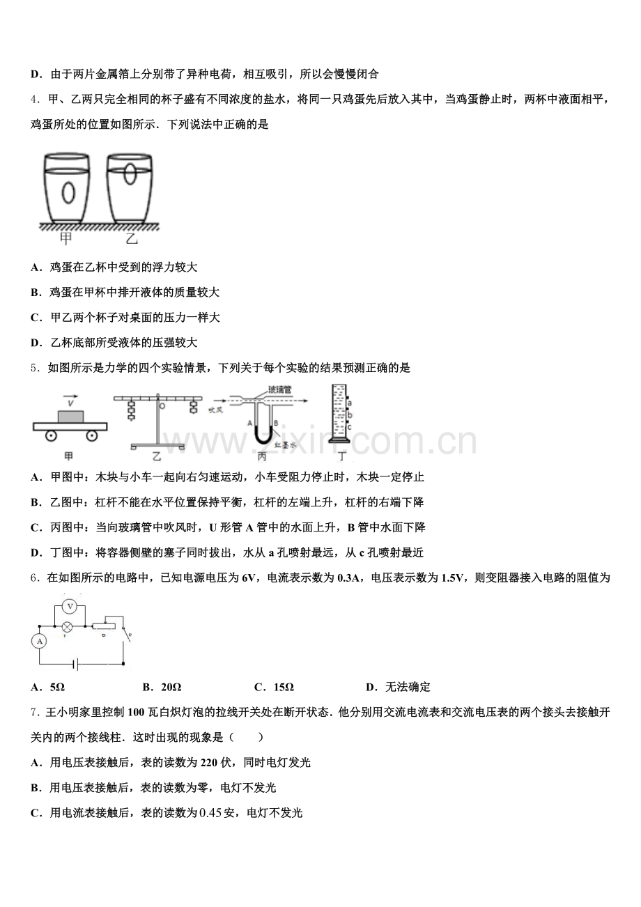 安徽省合肥46中学南校区2024-2025学年初三广东六校中考模拟考试物理试题及参考答案含解析.doc_第2页
