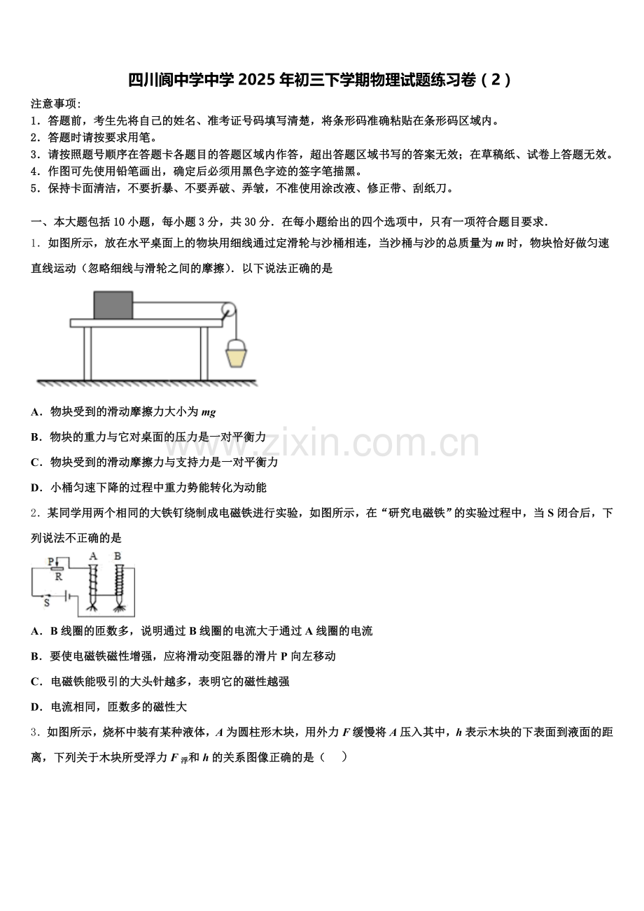 四川阆中学中学2025年初三下学期物理试题练习卷（2）含解析.doc_第1页
