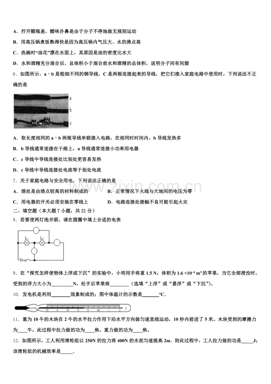 2025年江苏省启东市天汾初级中学初三物理试题开学统练试题含解析.doc_第2页