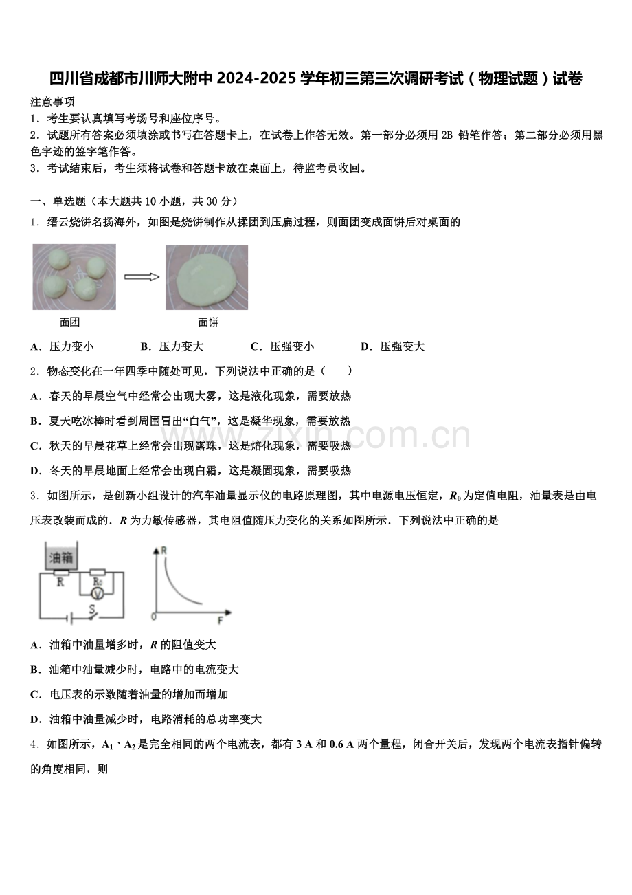 四川省成都市川师大附中2024-2025学年初三第三次调研考试（物理试题）试卷含解析.doc_第1页