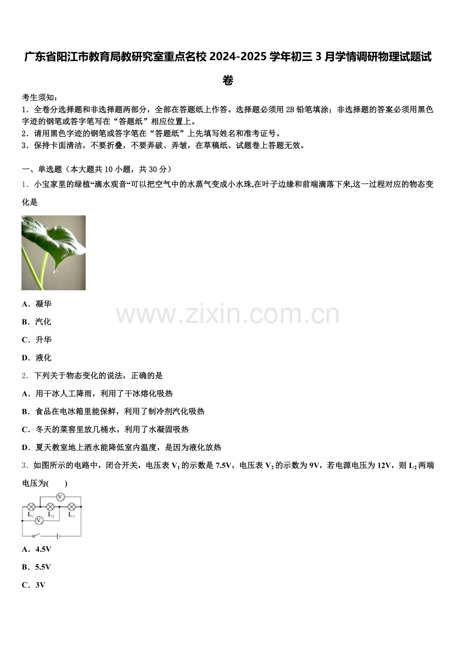 广东省阳江市教育局教研究室重点名校2024-2025学年初三3月学情调研物理试题试卷含解析.doc_第1页