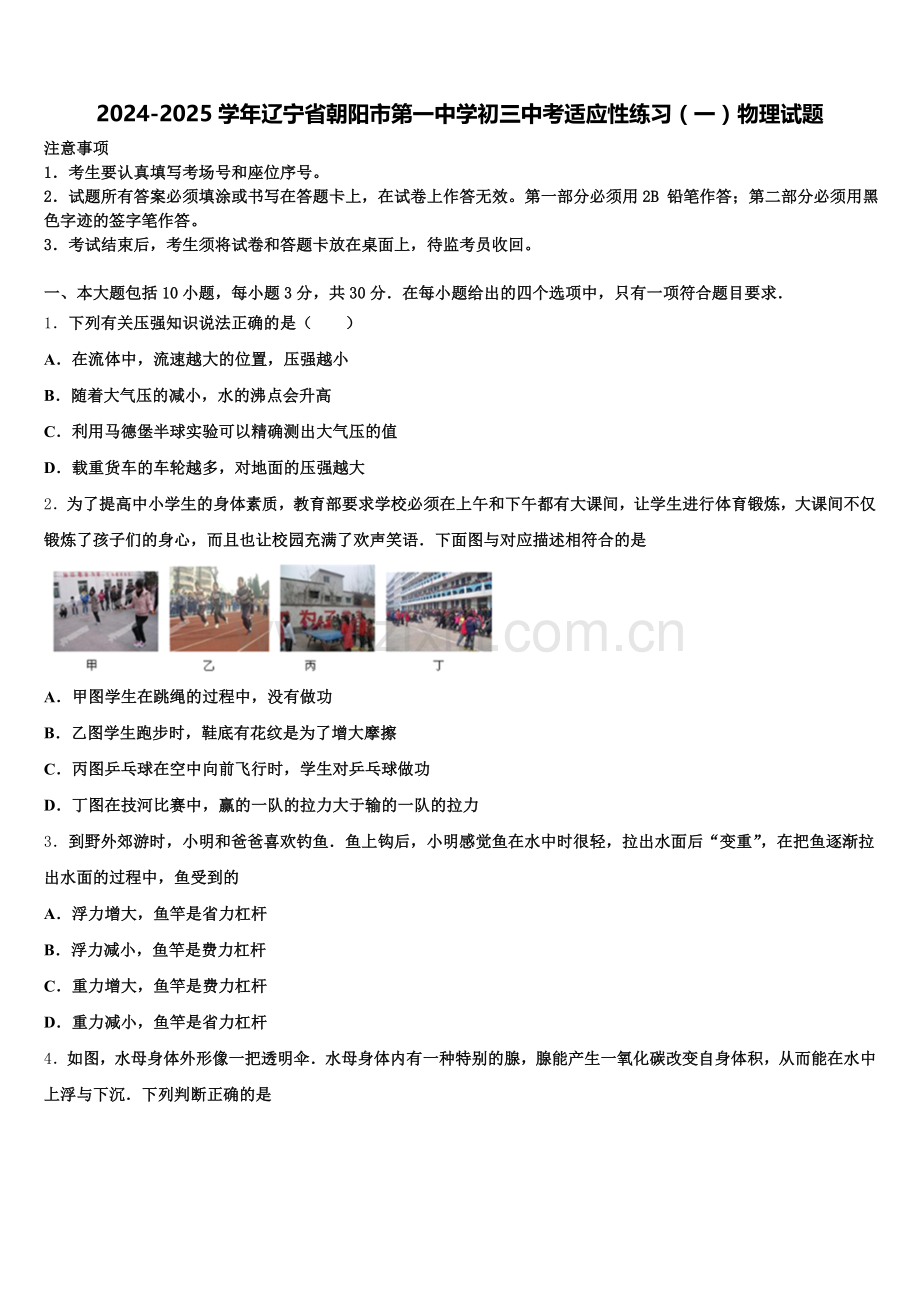 2024-2025学年辽宁省朝阳市第一中学初三中考适应性练习（一）物理试题含解析.doc_第1页