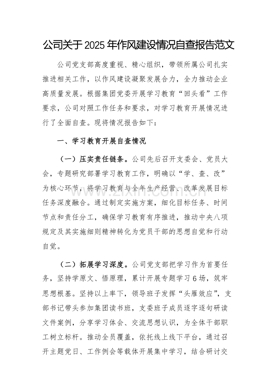 公司关于2025年作风建设情况自查报告范文.docx_第1页