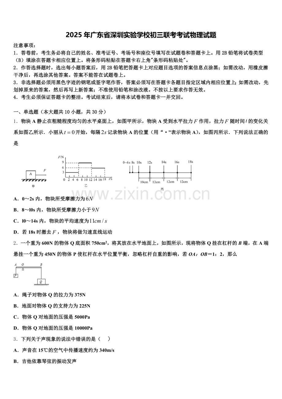 2025年广东省深圳实验学校初三联考考试物理试题含解析.doc_第1页