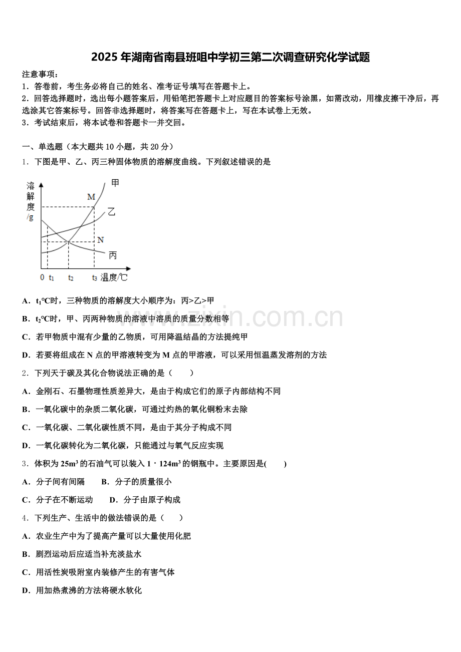 2025年湖南省南县班咀中学初三第二次调查研究化学试题含解析.doc_第1页