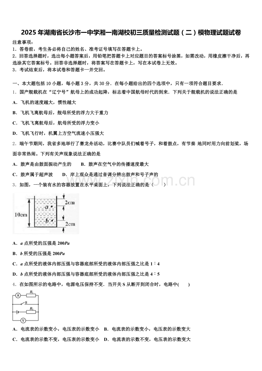 2025年湖南省长沙市一中学湘一南湖校初三质量检测试题（二）模物理试题试卷含解析.doc_第1页