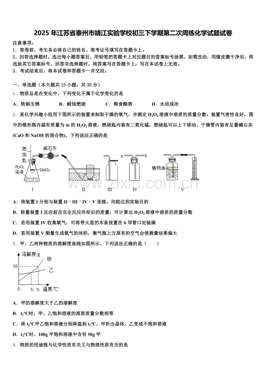 2025年江苏省泰州市靖江实验学校初三下学期第二次周练化学试题试卷含解析.doc_第1页