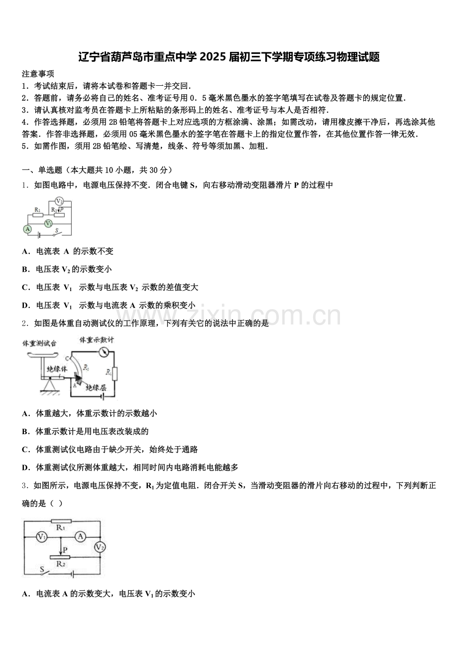 辽宁省葫芦岛市重点中学2025届初三下学期专项练习物理试题含解析.doc_第1页
