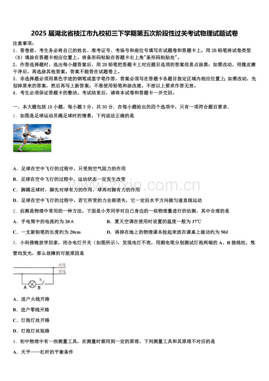 2025届湖北省枝江市九校初三下学期第五次阶段性过关考试物理试题试卷含解析.doc_第1页