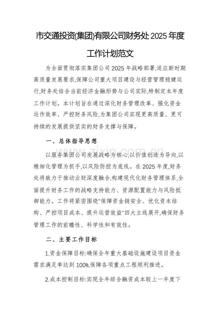 交通投资(集团)有限公司财务处2025年度工作计划范文.docx_第1页