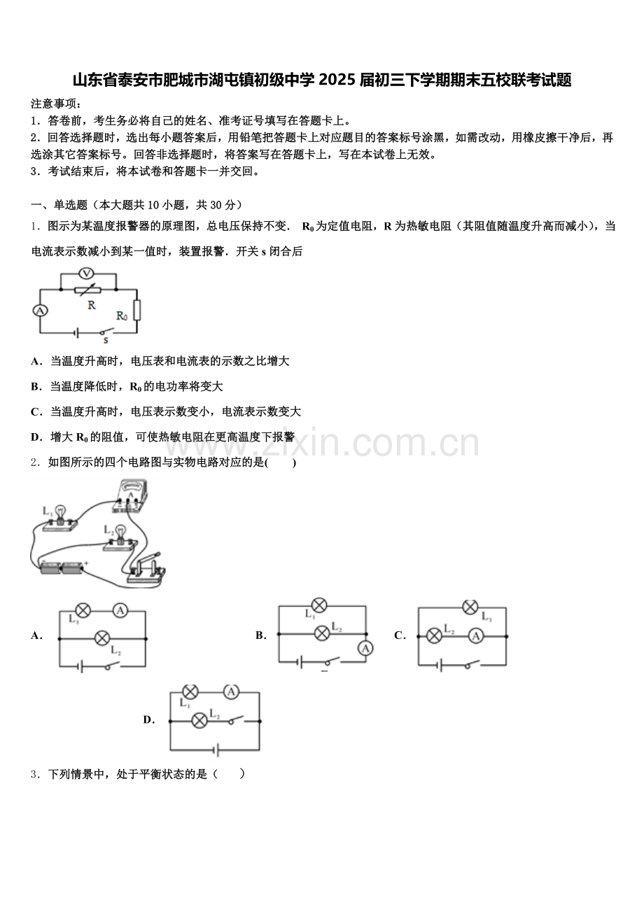 山东省泰安市肥城市湖屯镇初级中学2025届初三下学期期末五校联考试题含解析.doc_第1页