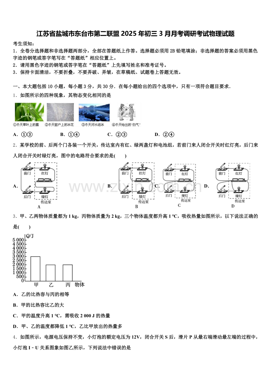 江苏省盐城市东台市第二联盟2025年初三3月月考调研考试物理试题含解析.doc_第1页