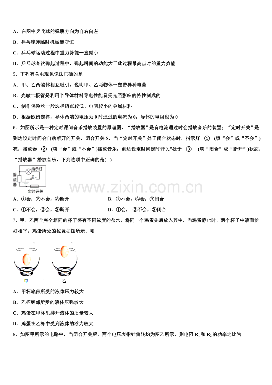 江苏省淮安市洪泽区2025届初三4月月考物理试题（详细答案版）含解析.doc_第2页