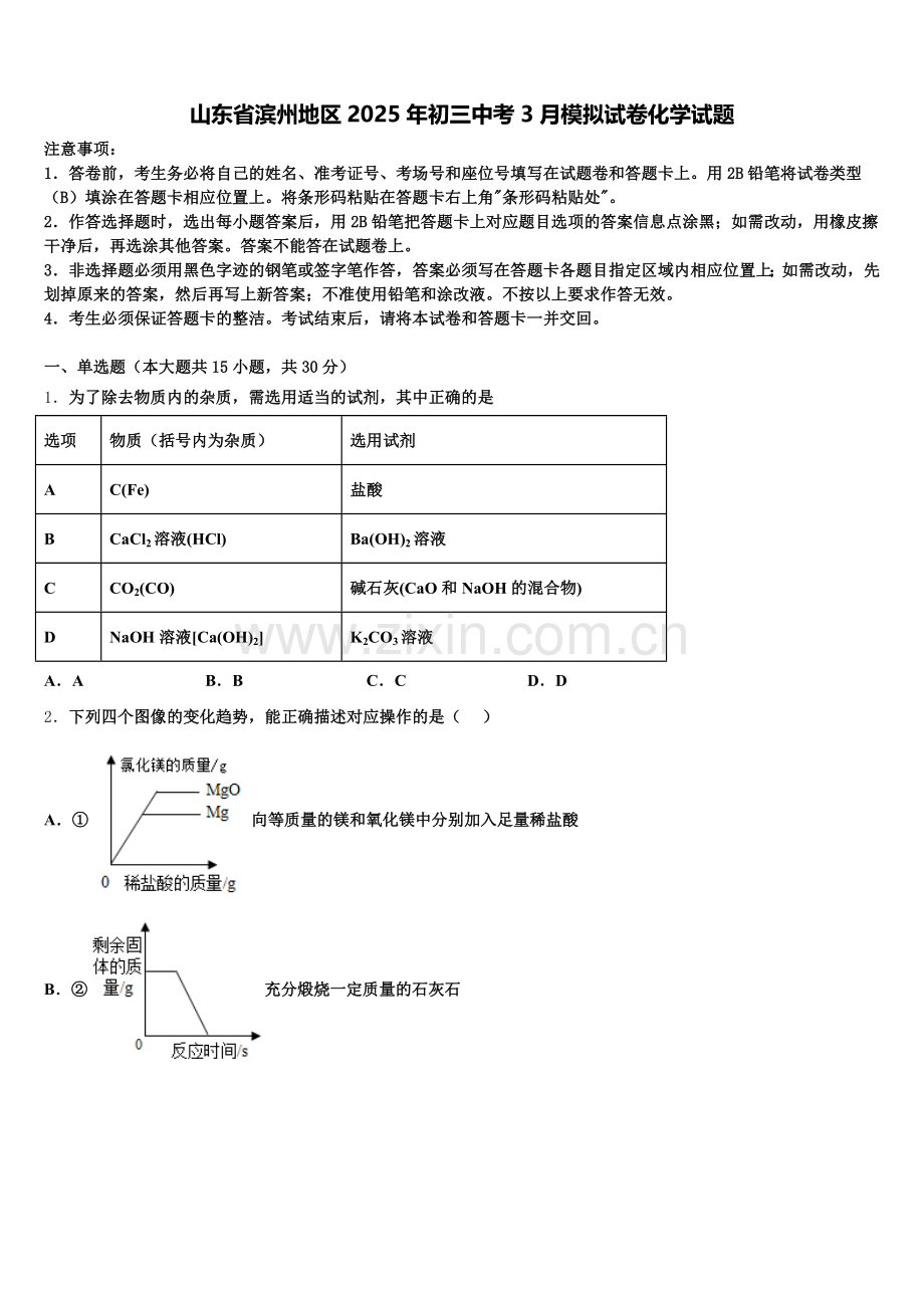 山东省滨州地区2025年初三中考3月模拟试卷化学试题含解析.doc_第1页