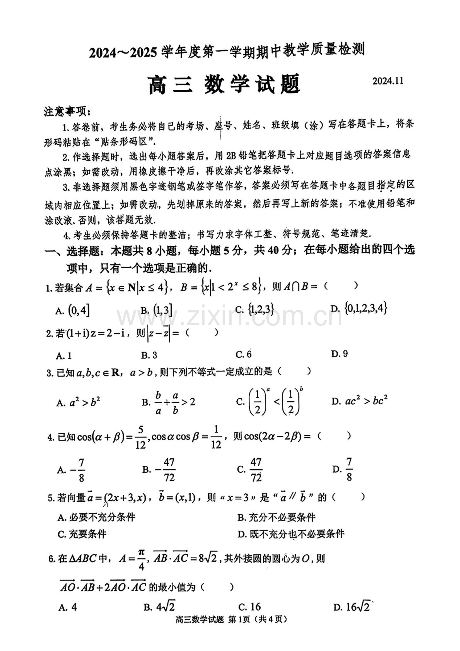 2025届山东省聊城邹城济宁市高三下学期11月期中考-数学试卷（含答案）.docx_第1页