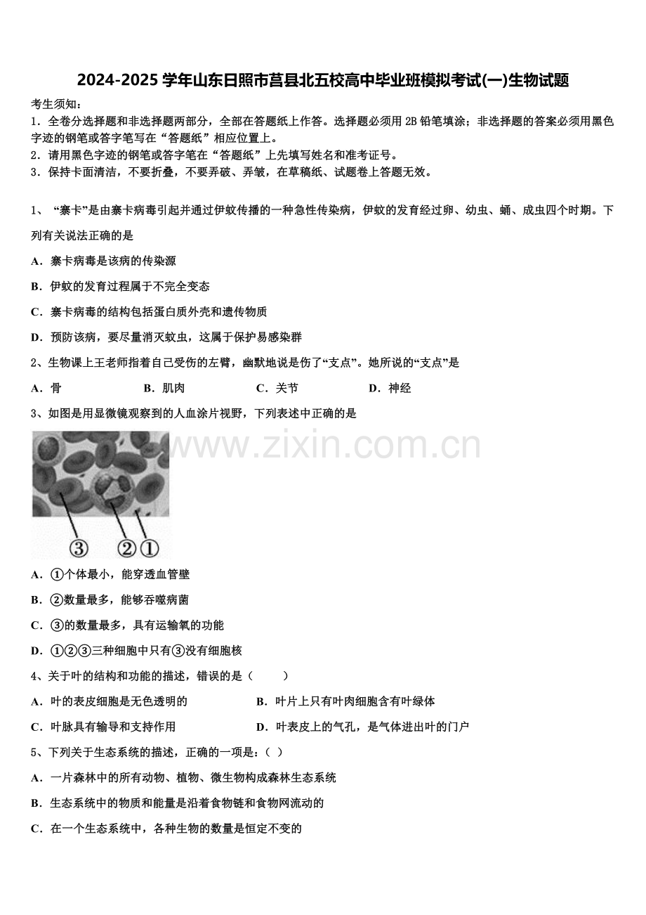 2024-2025学年山东日照市莒县北五校高中毕业班模拟考试(一)生物试题含解析.doc_第1页