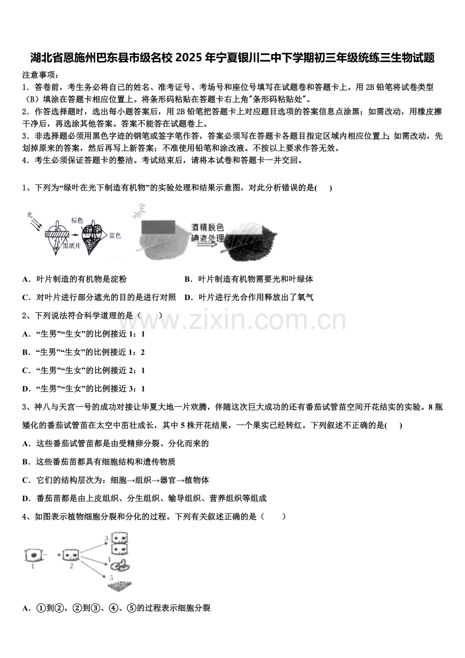 湖北省恩施州巴东县市级名校2025年宁夏银川二中下学期初三年级统练三生物试题含解析.doc_第1页