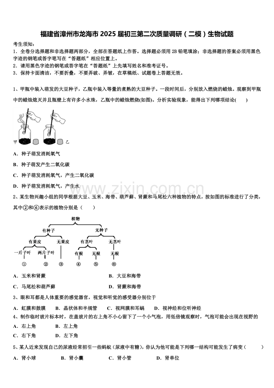福建省漳州市龙海市2025届初三第二次质量调研（二模）生物试题含解析.doc_第1页