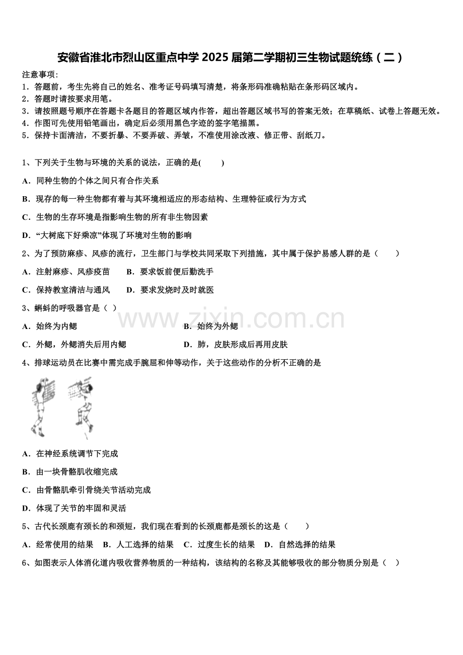 安徽省淮北市烈山区重点中学2025届第二学期初三生物试题统练（二）含解析.doc_第1页
