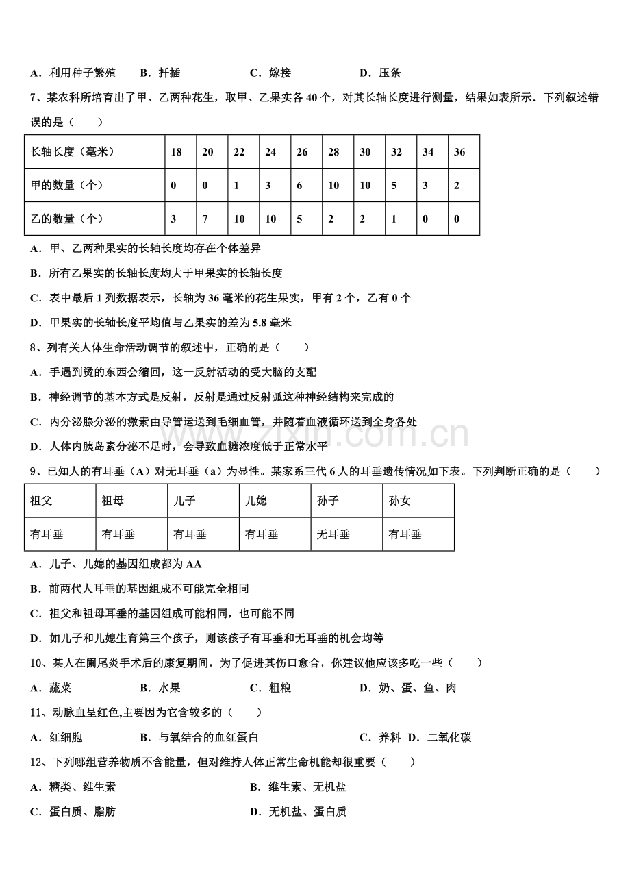 2024-2025学年四川省自贡市名校初三下学期开学检测试题（线上）生物试题含解析.doc_第2页