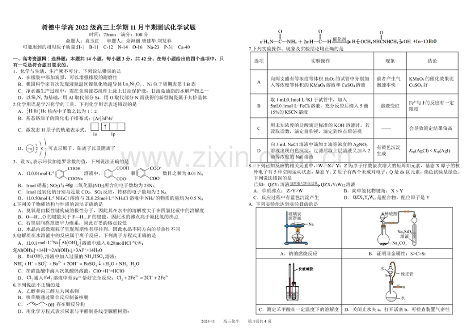 2025届四川省成都市树德中学高三下学期11月半期考-化学试题（含答案）.docx_第1页