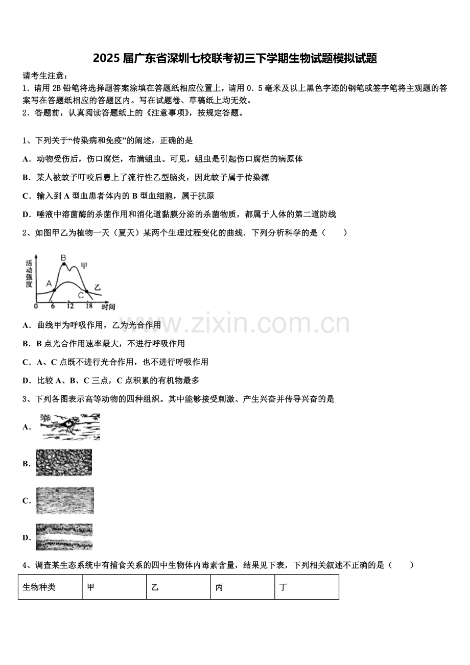 2025届广东省深圳七校联考初三下学期生物试题模拟试题含解析.doc_第1页