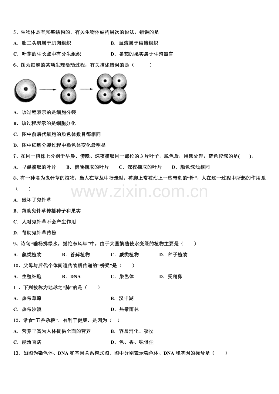 四川省资阳市桂花九义校2024-2025学年高中新课标初三第一次摸底测试生物试题含解析.doc_第2页