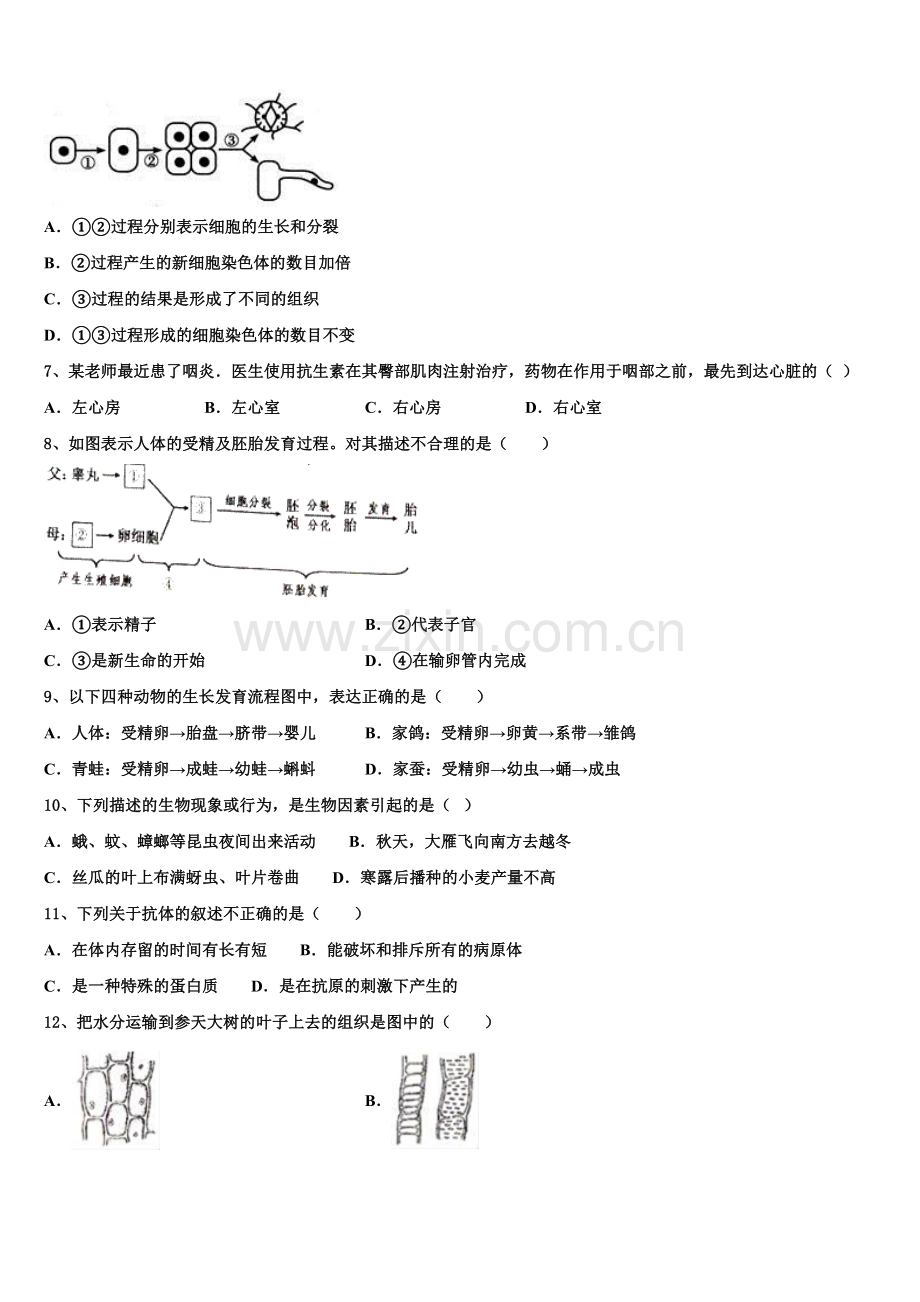 2024-2025学年上海市静安区重点名校初三第二次调研联考生物试题试卷含解析.doc_第2页