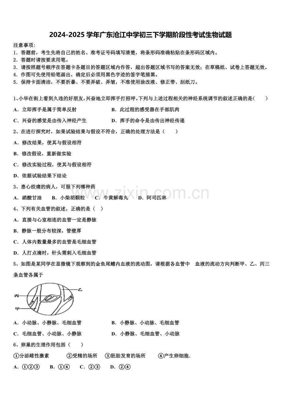 2024-2025学年广东沧江中学初三下学期阶段性考试生物试题含解析.doc_第1页