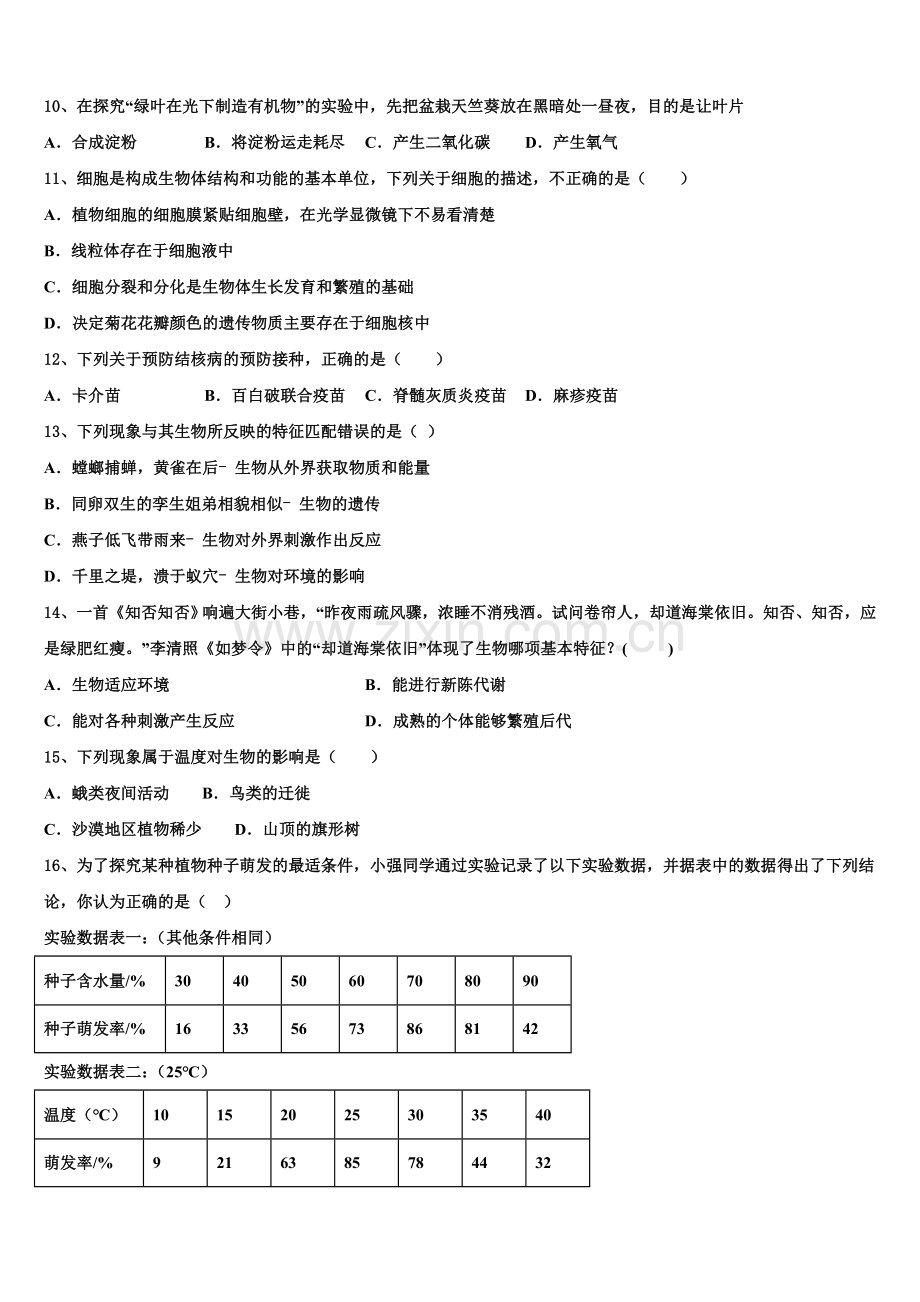黑龙江省哈尔滨市依兰县2025年初三3月教学质量检查生物试题含解析.doc_第2页