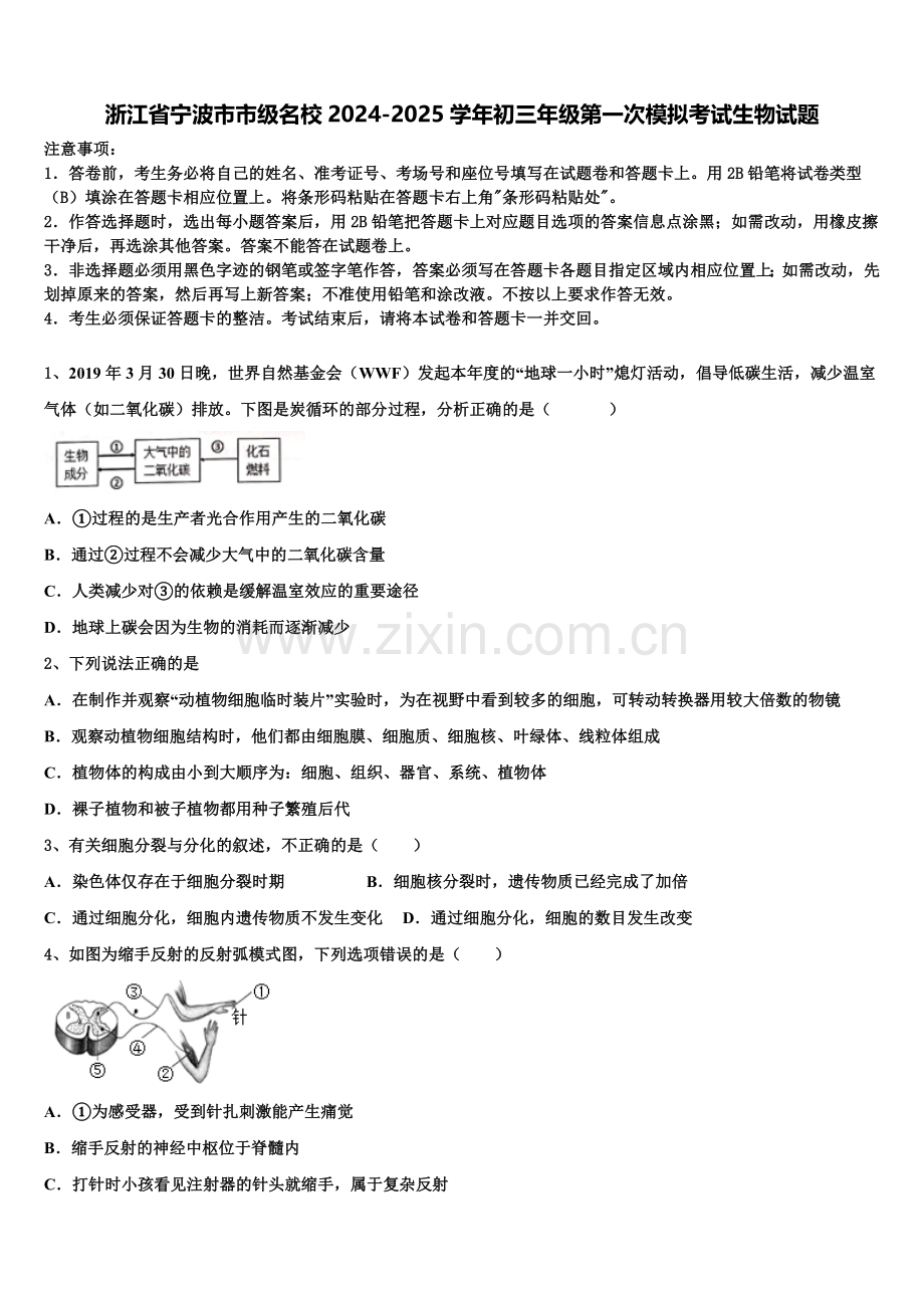 浙江省宁波市市级名校2024-2025学年初三年级第一次模拟考试生物试题含解析.doc_第1页